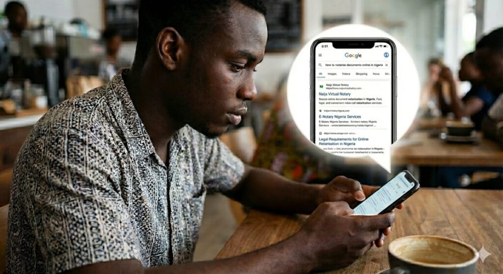 TSP 101: The Savvy Professional’s How to Get Your Documents Notarised Online in Nigeria. Man searching,'how to notarise documents online in Nigeria'